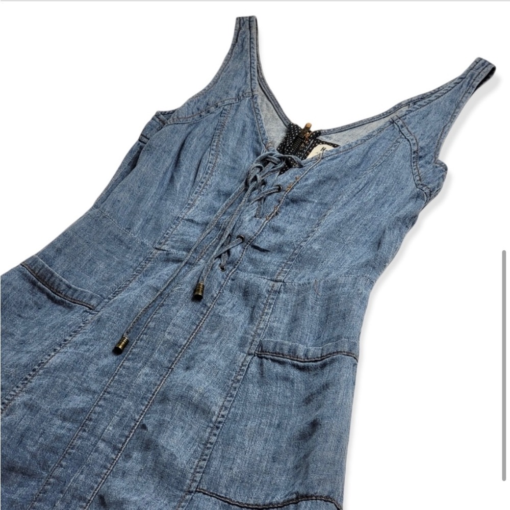 Playful Anthropologie Holding Horses laced up linen denim dress.